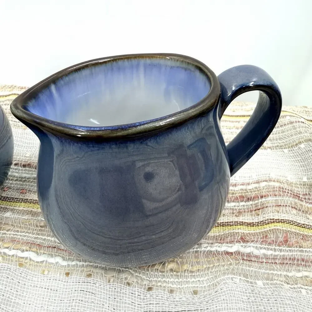 Sango Visions Eggplant Blue with Brown Rim Ceramic Creamer & Sugar Set